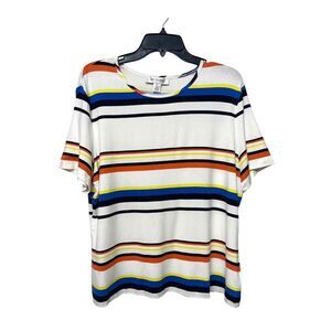 St. John Sport Womens XL Multi Color Striped Short Sleeve Rayon Knit Top White